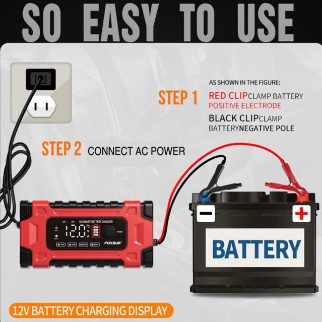 Charger Aki Accu Mobil Motor Truk Foxsur 12V 10A - 24V 5A Smart Fast Charging Repair Mode 7 Stage