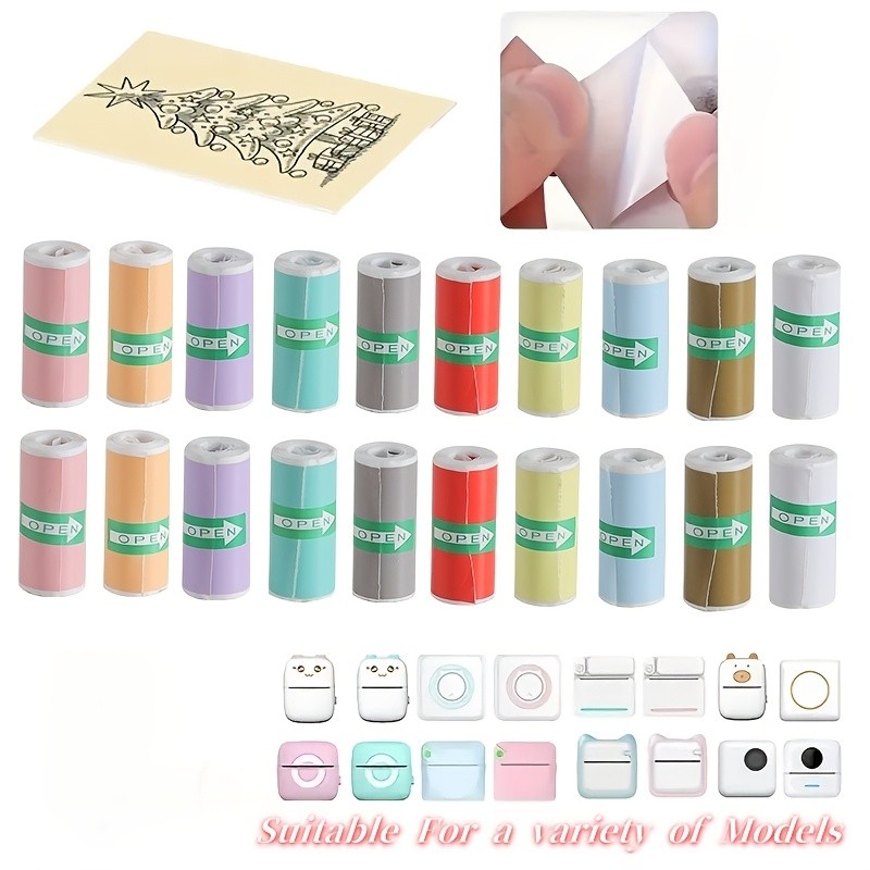 

10/20 Rolls Thermal Sticker Paper Combo - Color & White Self-Adhesive Labels for Mini/Pocket