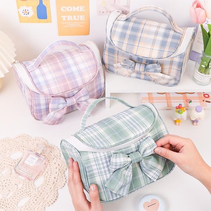 KENSHO Pouch Alat Tulis Sleting/ Tas Makeup Pita Plaid Korea Aesthetic