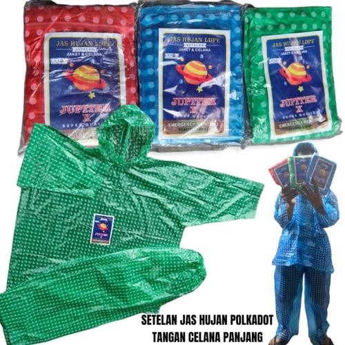 (3pc) Mantel hujan jaket celana dewasa JUPITER Jas hujan plastik polkadot