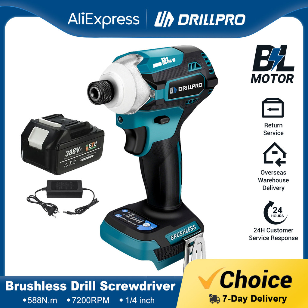 Drillpro 1/4 Inch Cordless Brushless 4-Speed Electric Drill Screwdriver Impact Driver Power Tool for