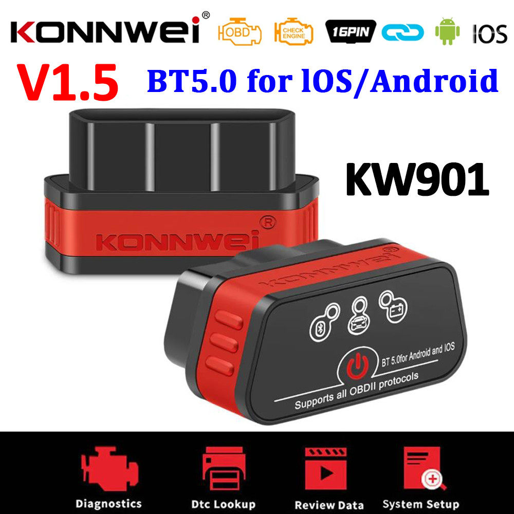 Konnwei Kw901 Bluetooth 5.0 Code Reader Elm327 V1.5 Obd Obd2 Car Diagnostic Tool Elm 327 V1 5 For