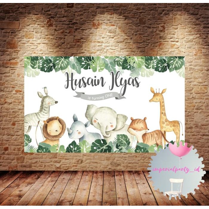 Custom Backdrop Banner Spanduk Happy Birthday Jungle Animal Cute