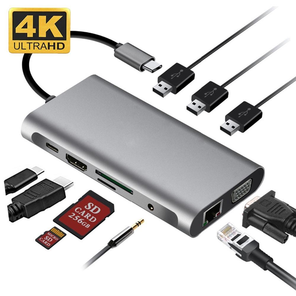 USB Type C HubTo HDMI-compatible 4K VGA Adapter RJ45 Lan Ethernet SD TF PD USB3.0 3.5mm Jack Audio