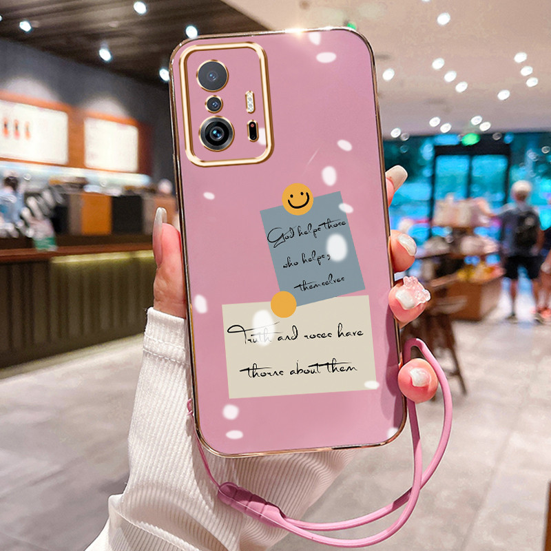 Casing Hp Untuk Xiaomi 11T 11T Pro Case Smiley Pelapisan Mewah Cesing Lanyard ponsel Kesing pencegah