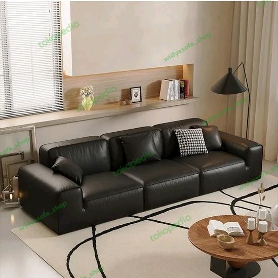 Sofa 3 Seater Nimalis Bahan Kulit Oscar Full Hitam Elegan