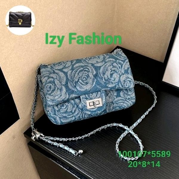 Tas import wanita terbaru, kain denim,motif bunga rose, biru #5589#