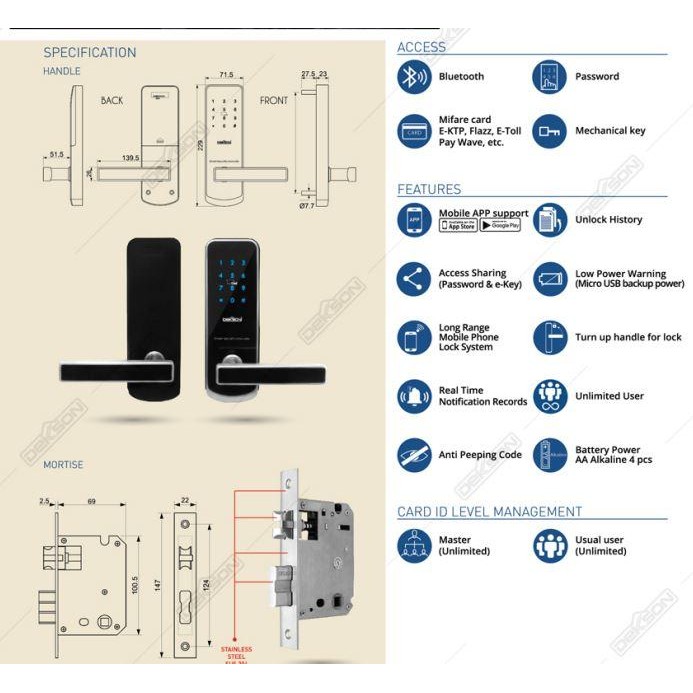 KUNCI PINTU ELECTRONIC SMART DIGITAL LOCK DEKKSON EL 9318 MF PASS BT
