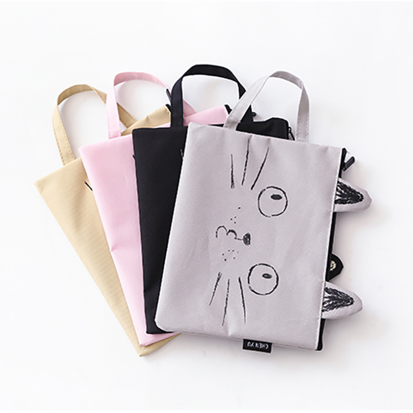 

Cute Kitten Shape Canvas Handbag A4 Paper Holder File Folder Zipper Bag Cartoon School Office