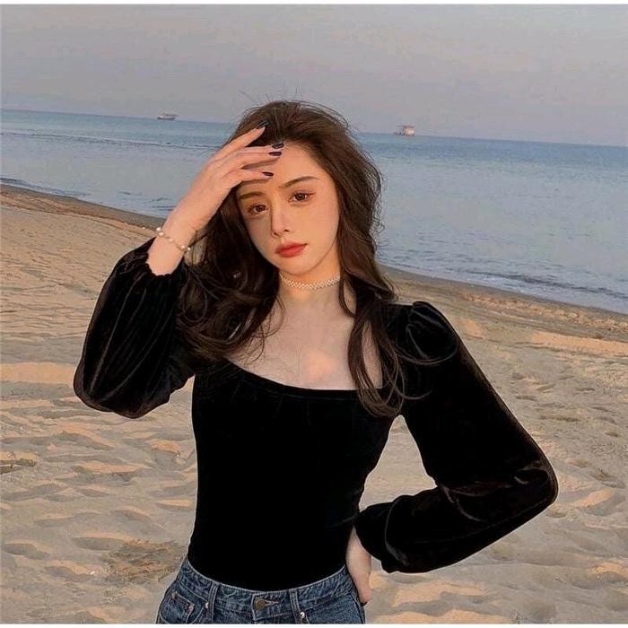 (Expert) Stella Korean Blouse Top Square Neck Velvet/ Atasan Bludru Korea Tangan Balon 004 Baju