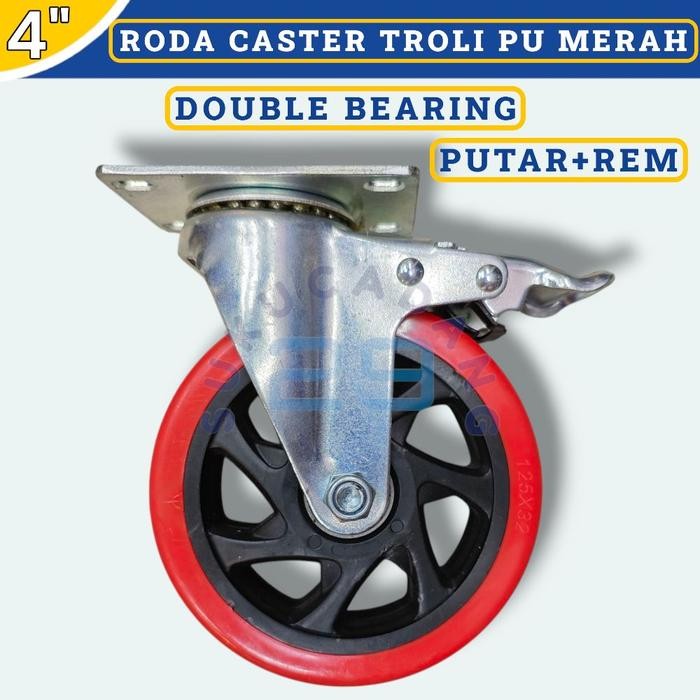 Roda PU Merah 4inch 5 in Heavy Duty Double Bearing 1 Set 2putar + 2putar rem roda troli gerobak