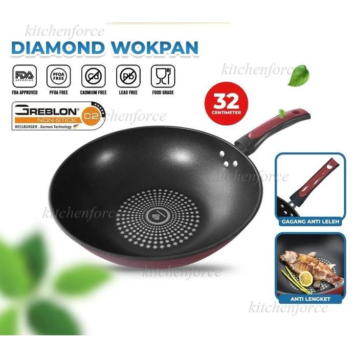 Wajan Diamond Anti Lengket Batu Medis 32cm/Diamond Wok Pan/Wajan Teflon Batu Medis 32CM/Wok