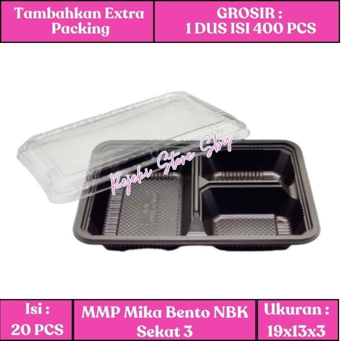 Tray Mika Bento Sekat 3 / Tray Bento 3 Sekat / Box Bento. - Bahan PET, Hitam