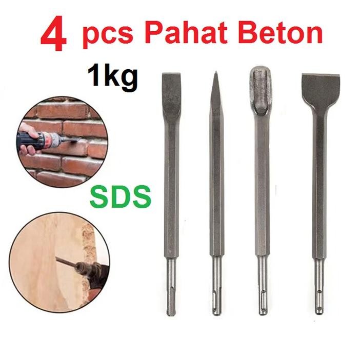 Pahat Beton SDS 4Pcs Flat Chisel Bobok Beton Tembok Pahat Sekop Palu Listrik Gagang Bulat Ujung