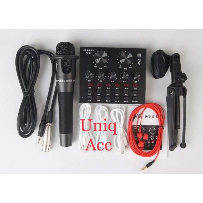 Paket Podcast Mic Microphone Mixer V8 Bluetooth With Tripod Stand Mini