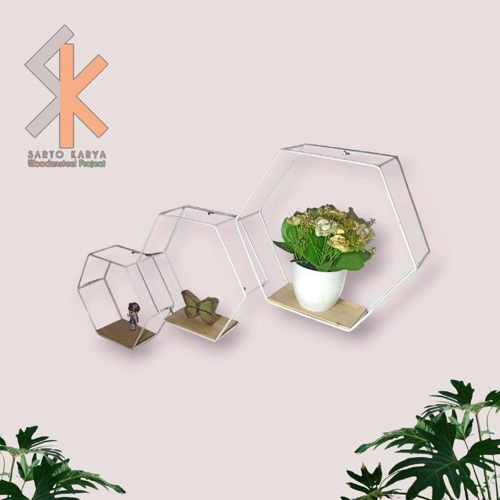 Karya Rak Dinding Hexagonal Besi 1Set 3Pcs, Besar Sedang Kecil Amn Kayu, Warna Gold, Hitam, Putih,