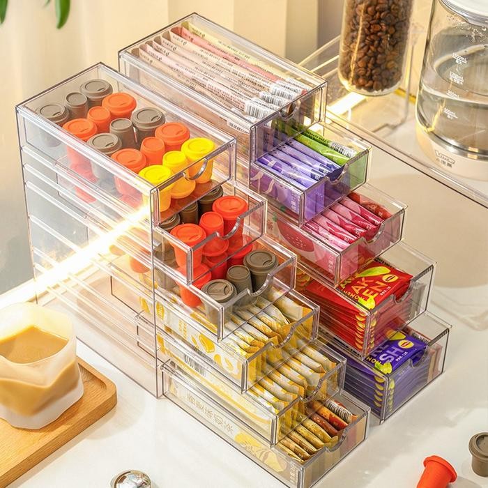 

TECMAKI Organizer Box Snacks Rak Laci Bening Compact Rack Storage Box Meja Makanan Cemilan Kotak