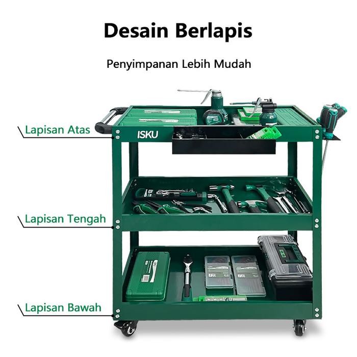 ISKU Troli Bengkel 3 Susun Trolley Trolly Besi Rak Tools Meja Bengkel