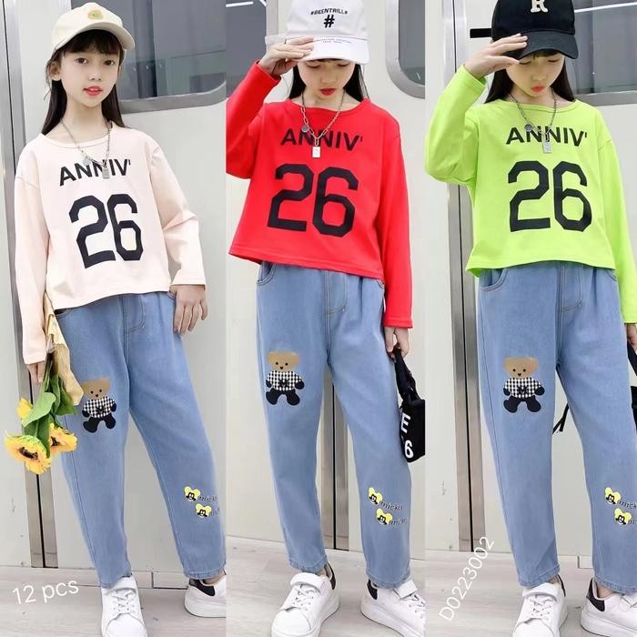 Angenius stelan baju kaos lengan panjang anak perempuan katun crop polos celana jeans panjang korean