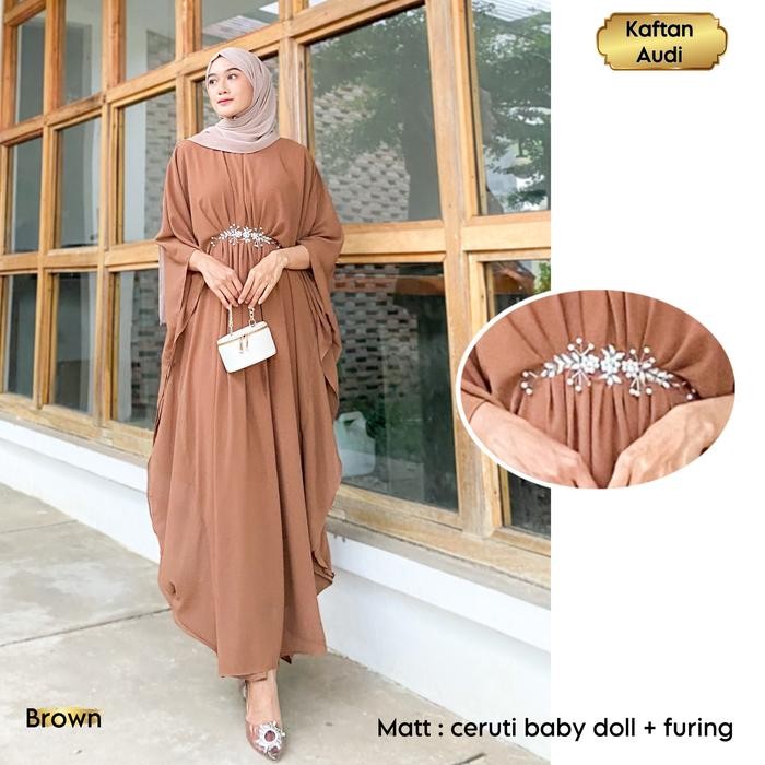 Kaftan Audi Model Gamis Audy bahan Ceruty Baby Doll Full Furing Baju Lebaran Kekinian Dress