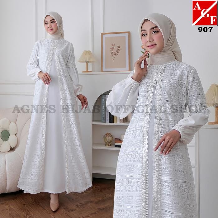 Agnes Hijab - Lavela Dress Gamis Putih Baju Muslim Wanita Terbaru Gaun Pesta Kondangan Simple Elegan