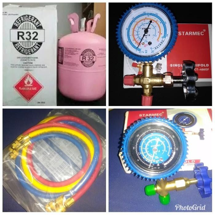 Paket 1Kg Freon R32 + Set Selang Manifold R32 Utk Isi Sendiri Praktis