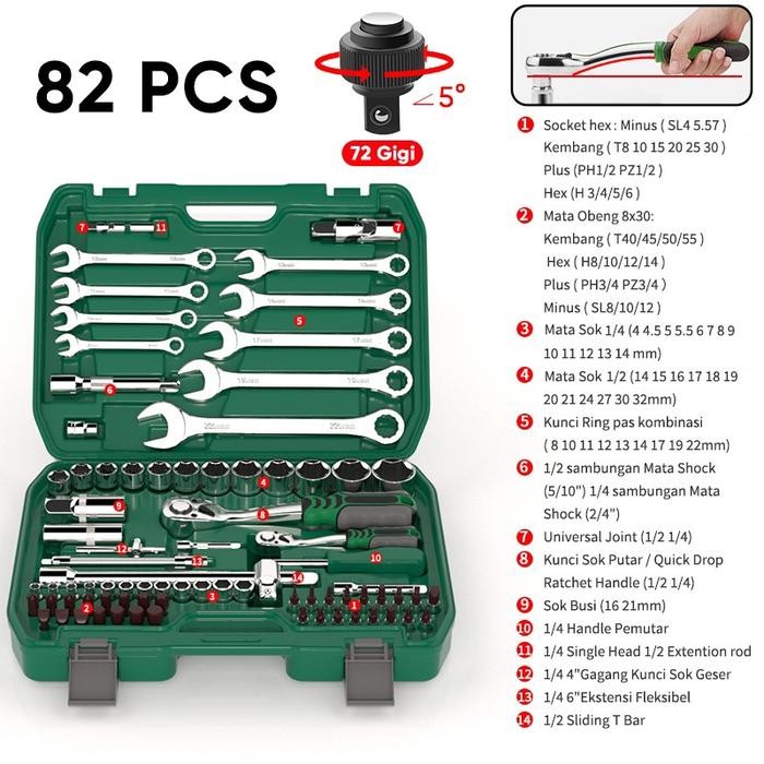 ISKU Tool Kit Set 82pcs Kunci Shock Set Kunci Ring Pas Alat Set Dan Kunci Pas Rachet Socket Set