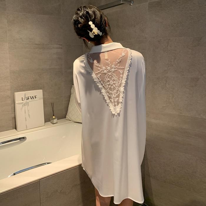 Piyama Dress Tidur Sexy Kemeja Putih Es Silk Kemeja Wanita Baju Tidur Kmj-984 Piyama Dress