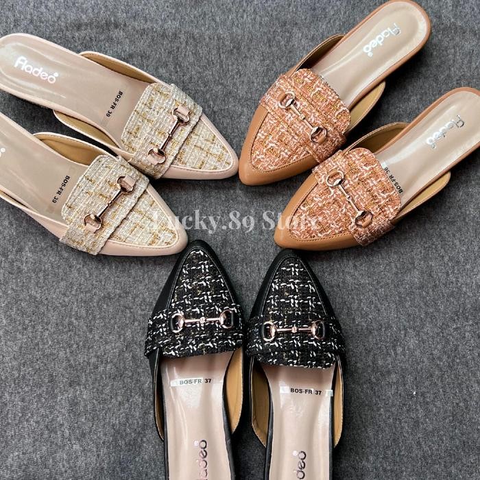 SZ99 Fladeo Sandal Selop Wanita Heels 3Cm Variasi Brukat Belt Gold Modis Shoes