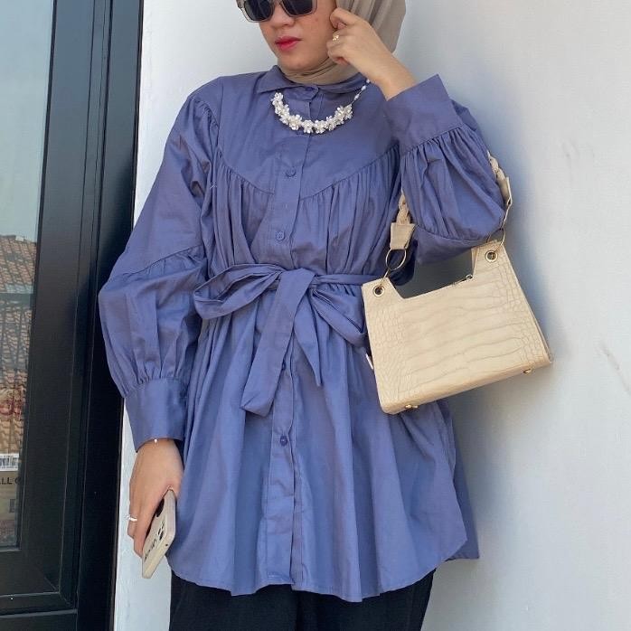 87Q5 Kemeja Blouse Tali Pinggang - Baju Kemeja Wanita Tali Pinggang Oversize Panjang Lembut