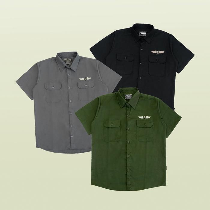 SMOKE Workshirt Kemeja 'BALL' Hitam Abu Tua Army Kain nyaman casual pria hitam slim fit motor