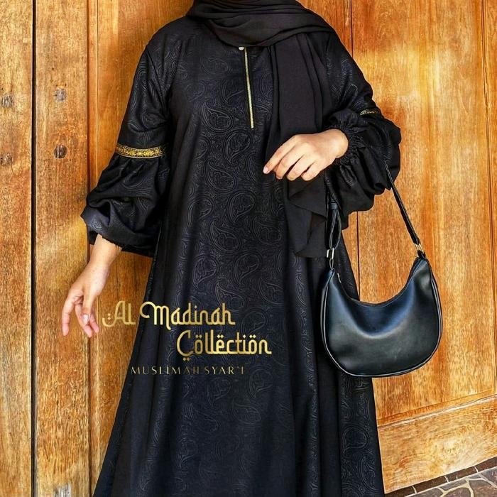 (Expert) Abaya Shiva/Abaya Embos Lengan Balon Temboro Wolfis Hitam Full Motif Gamis Muslim Wanita