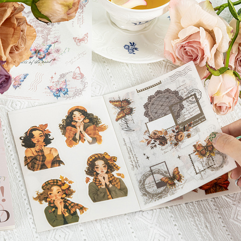 

6Style 18Pcs/bag Lace Dual Material Cut Film Sticker Book for DIY Handbook Calendar