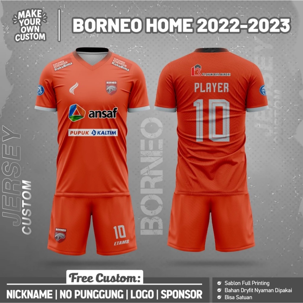 Borneo FC Home Jersey Bola 2022-2023 Original Desain Size Anak Dewasa Custom Nama dan Nomor Punggung
