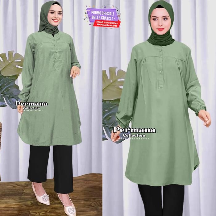 RES2 Atasan Wanita Lengan Panjang Baju Kemeja Muslim Tunik Warna Merah Dewasa Rayon Kantong