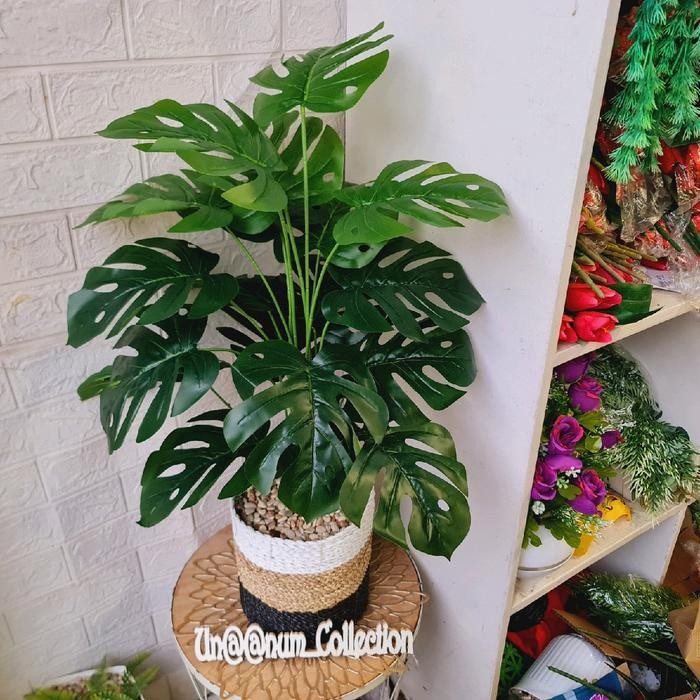 tanaman artificial monstera varigata vas rotan anyam