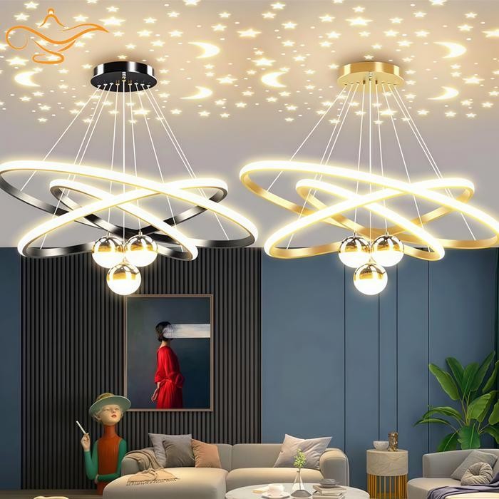 LED Lampu Gantung gaya Eropa Proyeksi Tiga Warna Lampu Gantung Minimalis Kafe Ruang Tamu Villa