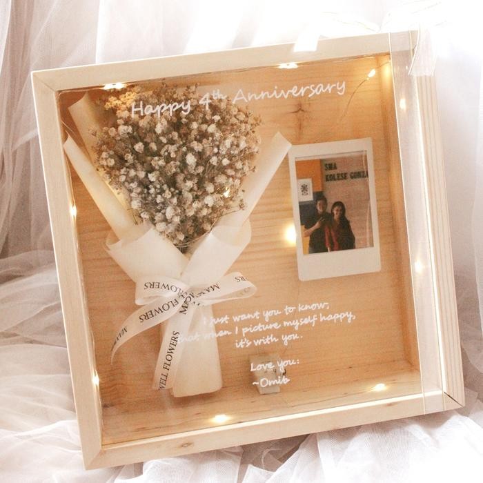 Dried Flower Frame Import - 3D Wood Box With Lamp Kaca Kado Kotak Kayu Lampu Acrylic Foto
