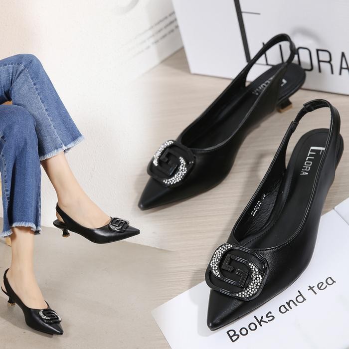 ELLORA EL-6630 Sepatu Heels Wanita Import Slingback Premium Black Shoes pansus tali belakang