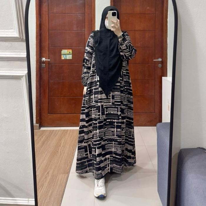 Tania Dress Gamis Rayon Viscose Busui Friendly Tanpa Hijab Manset Karet Tangan Semi Balon