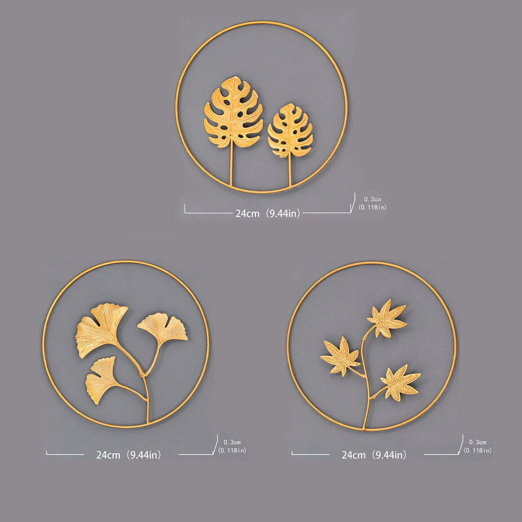 

Set of 3, gold European style circular iron three-dimensional metal wall hanging, ginkgo leaf turtle