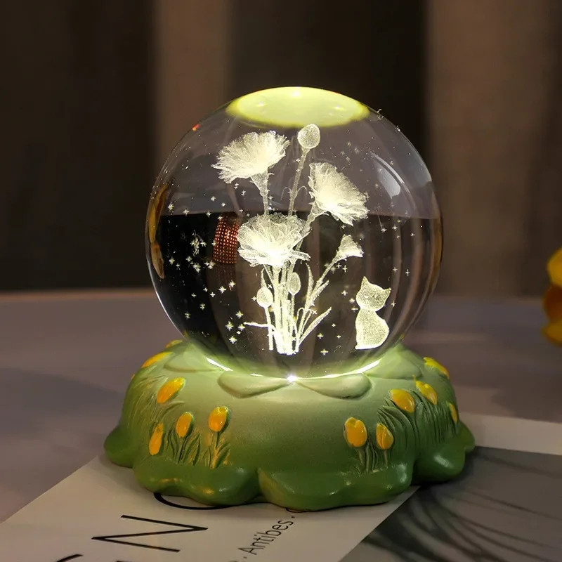 

Carved Rose Carnation Flower Crystal Ball Small Night Lamp Home Warm Small Ornaments Birthday Gift