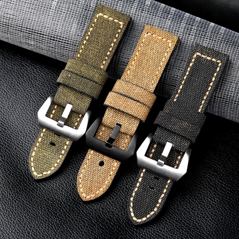 IMPORT CANVAS LEATHER WATCHBAND 20 22 24 26MM BLACK GREEN BROWN DENIM THICK MATERIAL RETRO STRAP,