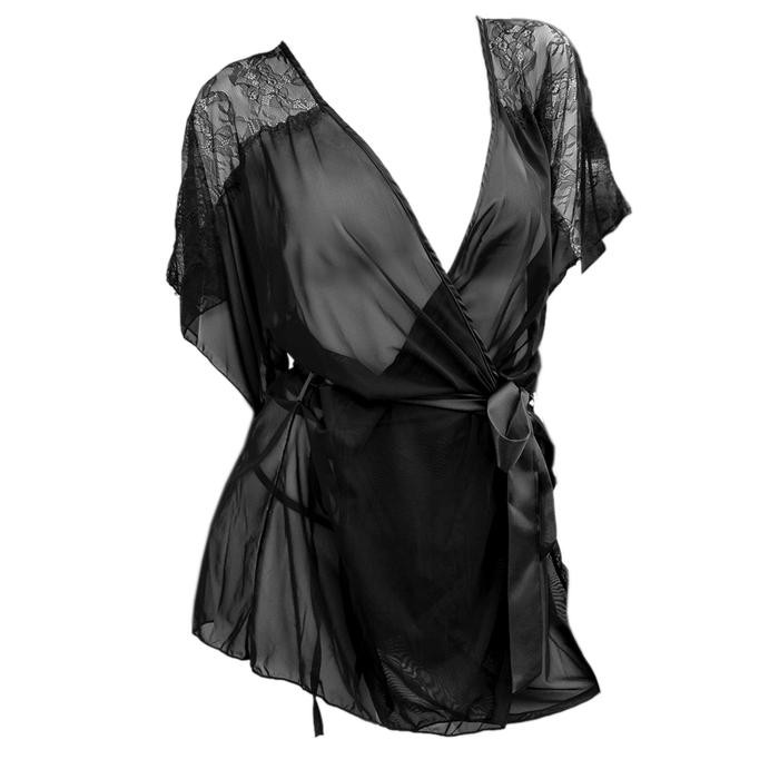 NEW L1116 Baju Tidur Wanita Gaun Malam Model Kimono Peignoir Jubah Lengan Pendek Hitam Polos