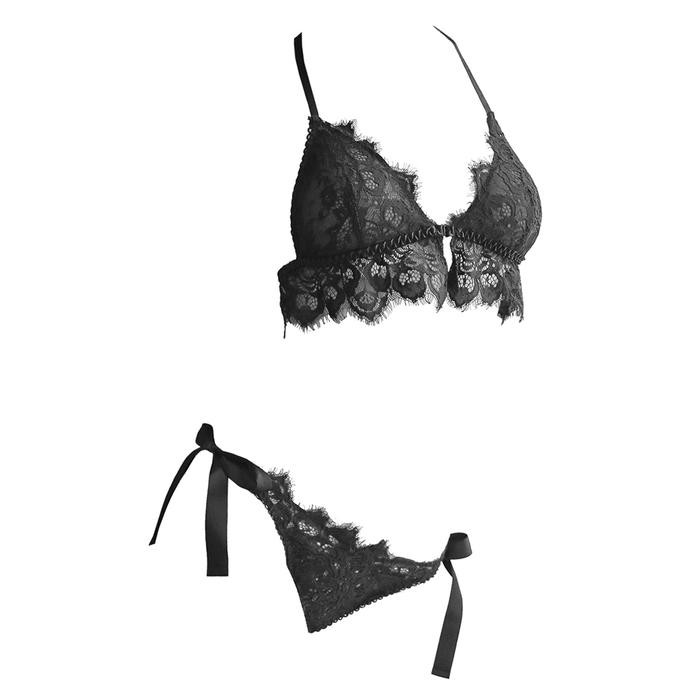 NEW B325 Set Pakaian Dalam Wanita BH Bra Bralette CD Panties Ikat Samping Hitam Lace Transparan