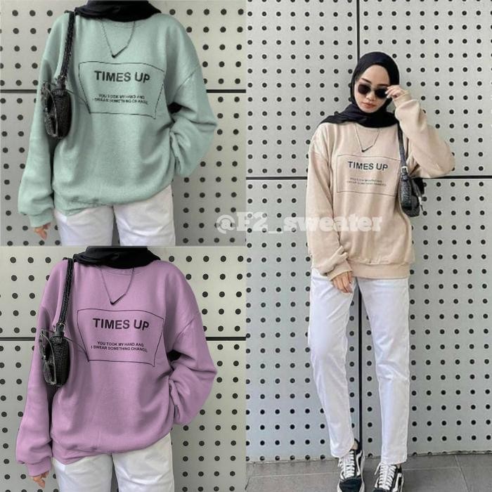 F2 Sweater Times Up Oversize Sweater Crewneck Wanita Bahan Fleece *