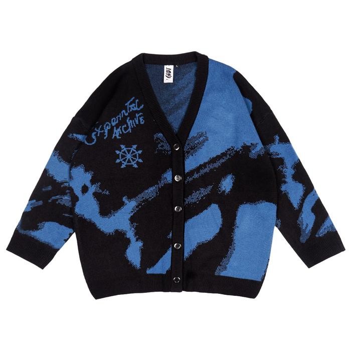 GRDT - Experimental Knit Cardigan Blue Panjang Knitwear Kerah Pria Sweater Motif Atasan Baju Tebal *