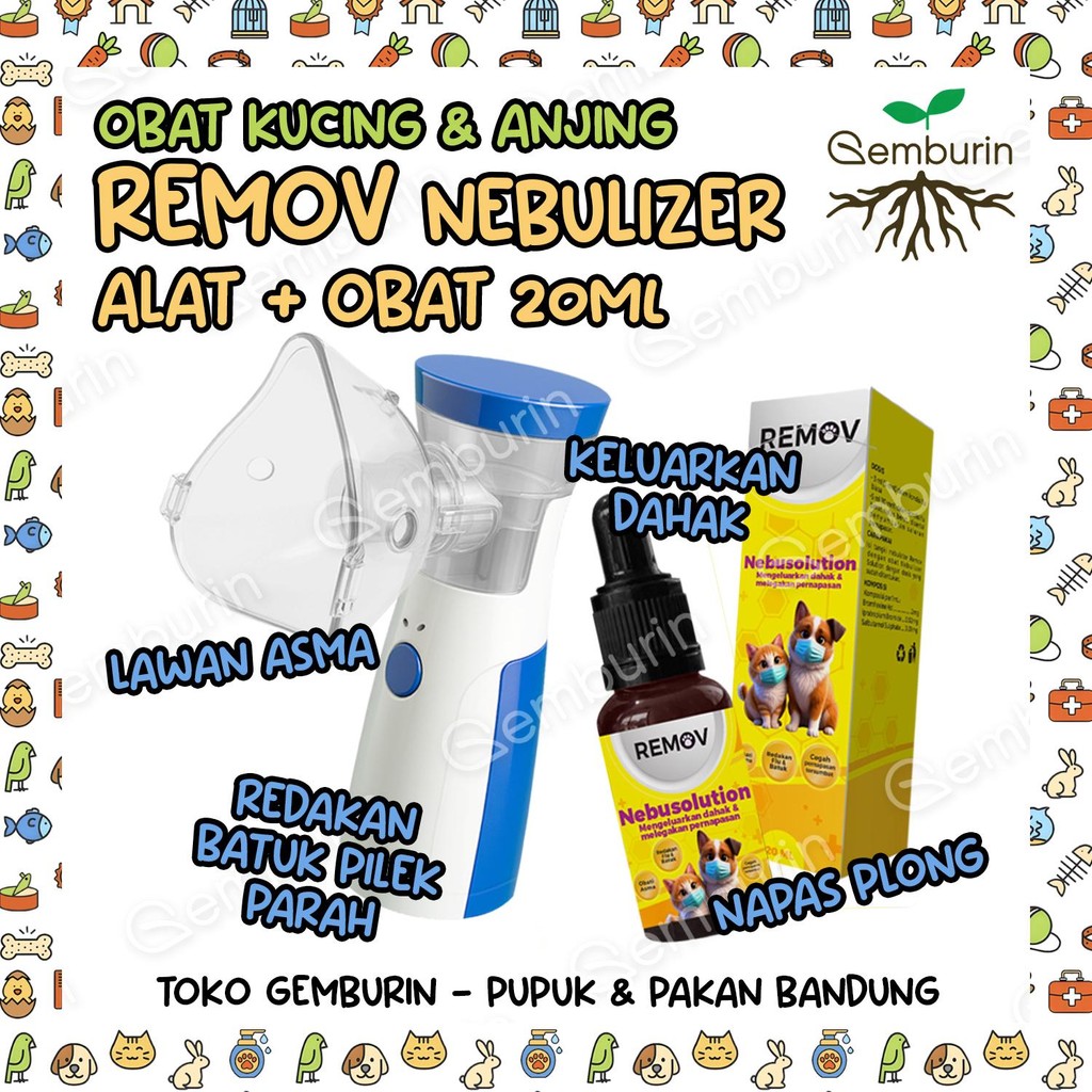 REMOV Paket Nebulizer + Nebusolution 20ML / Obat Uap Sesak Nafas Asma Pengencer Dahak Kucing Anjing
