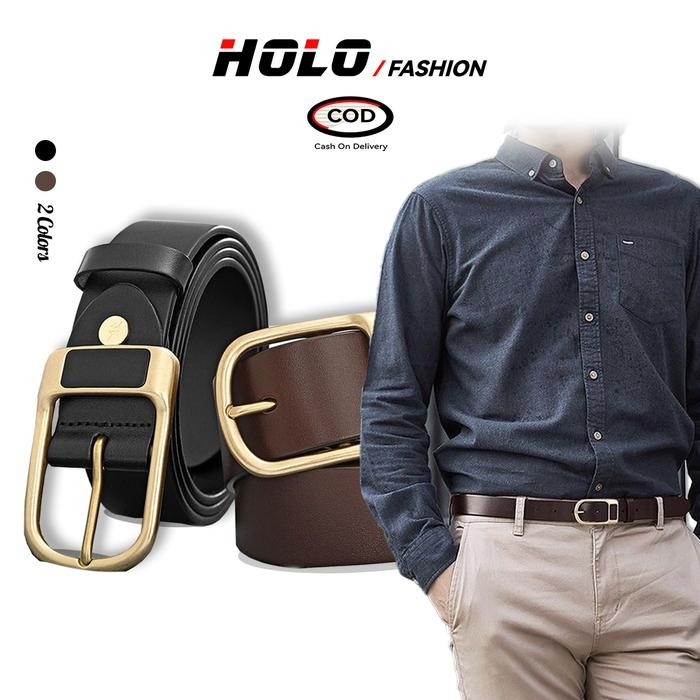 HOLO Ikat Pinggang Pria kulit Premium Belt Vintage Casual Sabuk Jeans Keren Aksess Cowok Hitam *