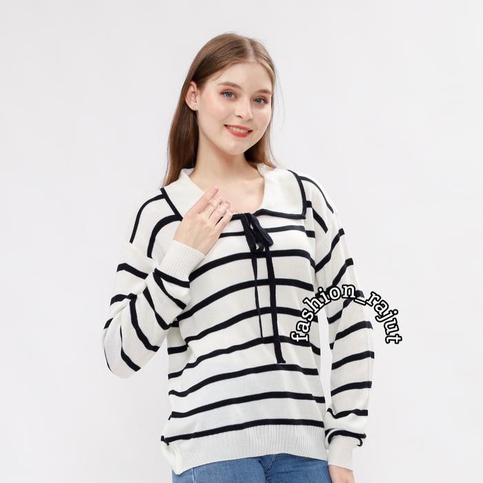 Ulyani Stripe Krah Vita-Atasan Rajut Wanita *